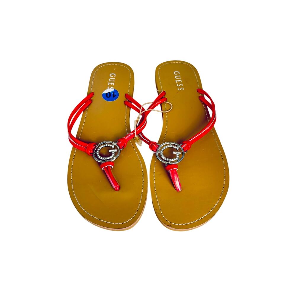 Guess Draper T strap G bling red patent faux leather flip flops sandals sz10